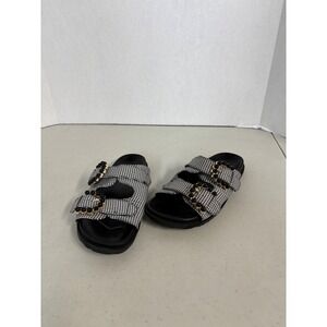 MKS Womens Houndstooth Beaded Buckle Slide Sandals Black White Size 8